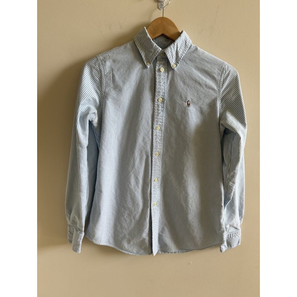 Lauren Ralph Lauren Blue and White Striped Button-Up Blouse - Picture 13 of 16